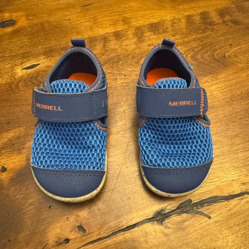 Merrell Toddler Bare Steps Blue Mesh Water Shoes with Orange Accents